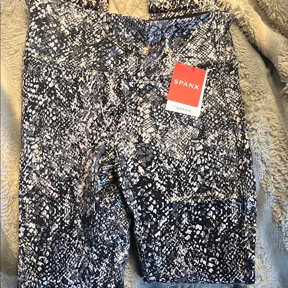 SPANX Faux Leather Black and White Patterned Cropped Leggings